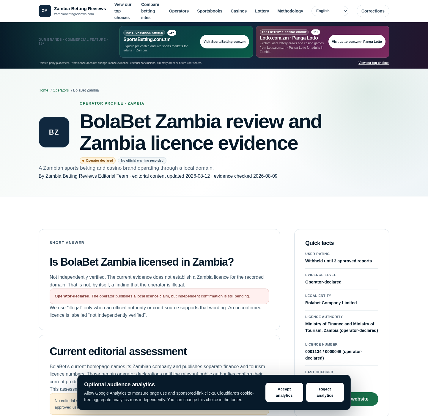 Independent contextual capture concerning BolaBet in Zambia