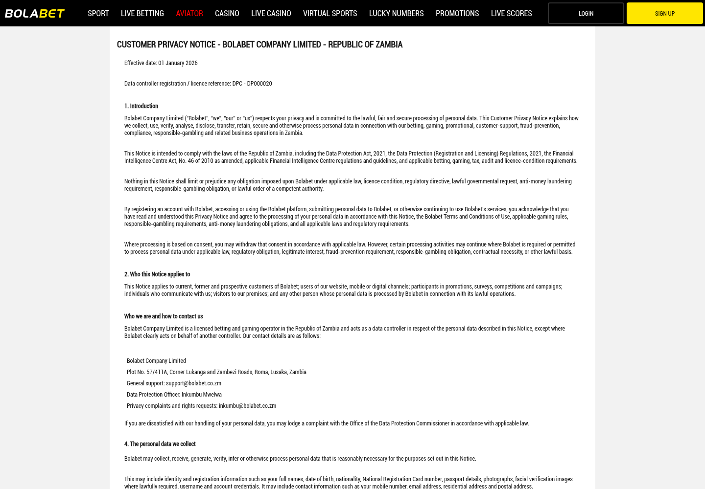 Captured BolaBet privacy-policy material on the associated Zambian domain