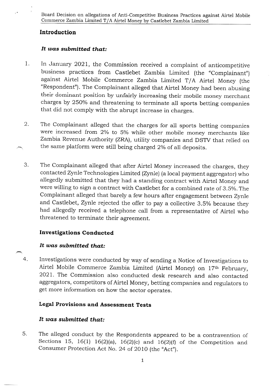 Supplied capture linked to a CCPC board decision concerning Airtel Money