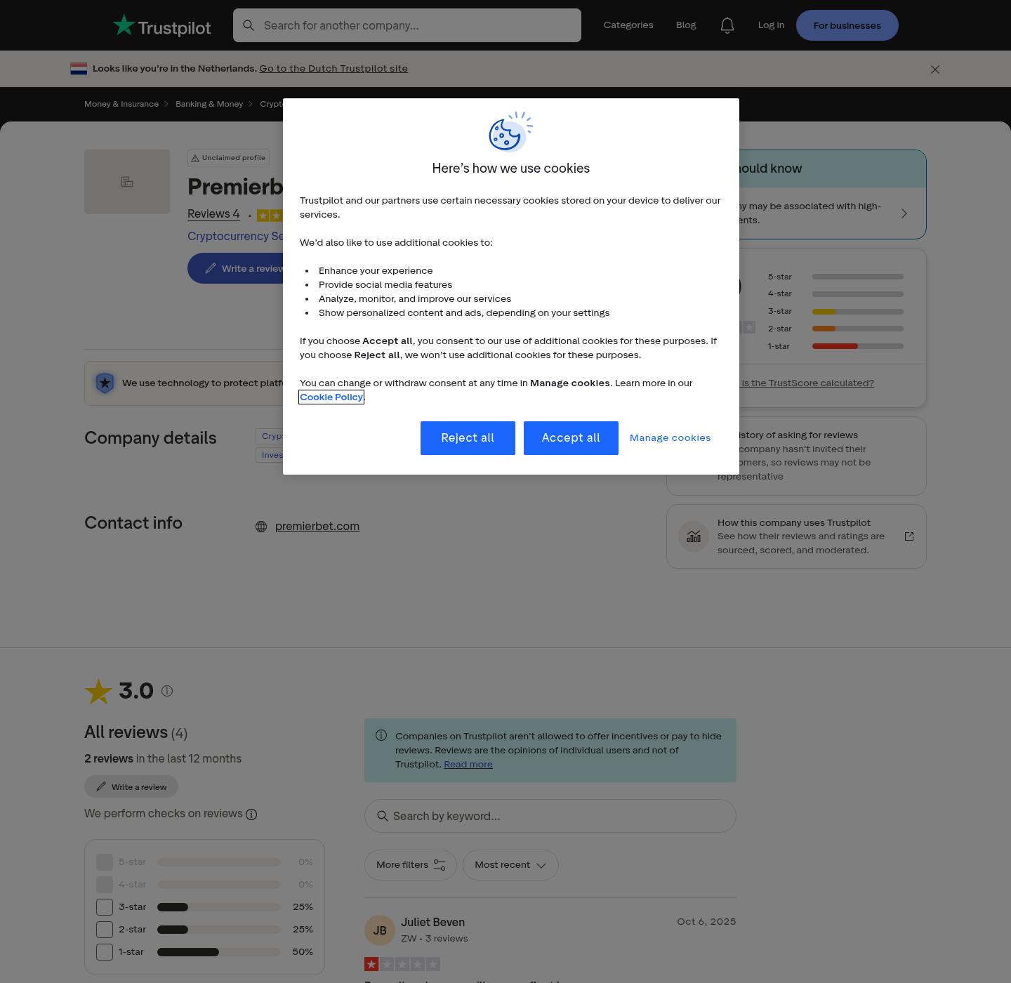 Capture of dated user reviews concerning the wider Premier Bet name