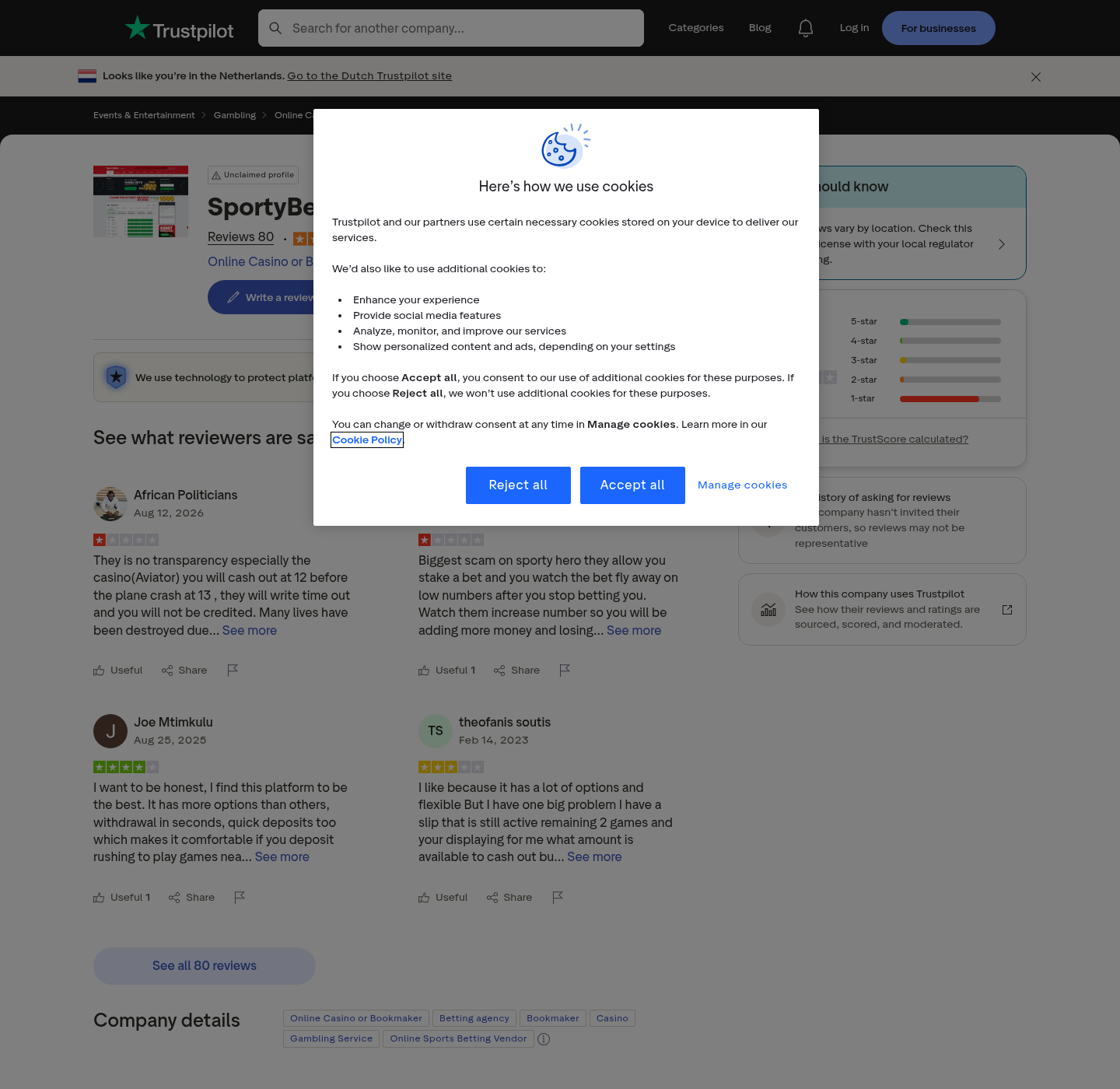 Independent user-review capture concerning the wider SportyBet brand