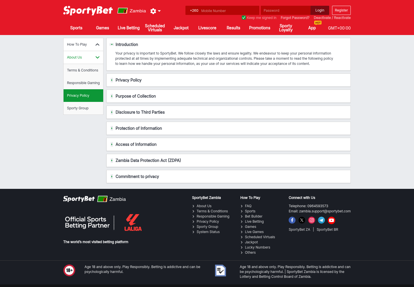 Captured SportyBet Zambia primary-site material